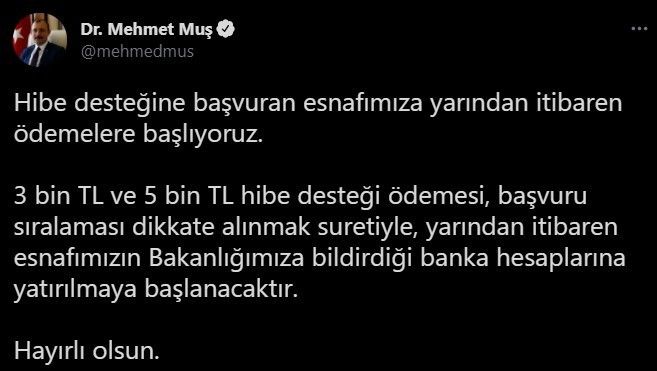 Esnafa 3 bin ve 5 bin liralık hibe desteği ödemeleri yarın başlıyor