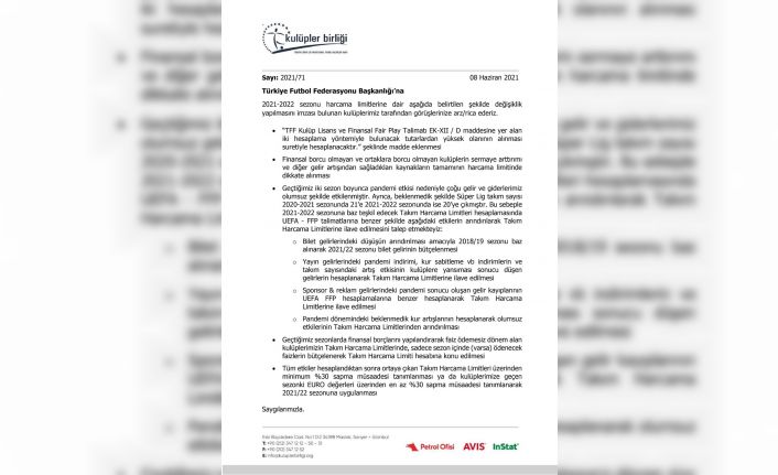 Kulüpler Birliği, en az 2 sezon daha Süper Lig’in 20 takımla devam etmesi yönündeki talebini TFF’ye iletti.