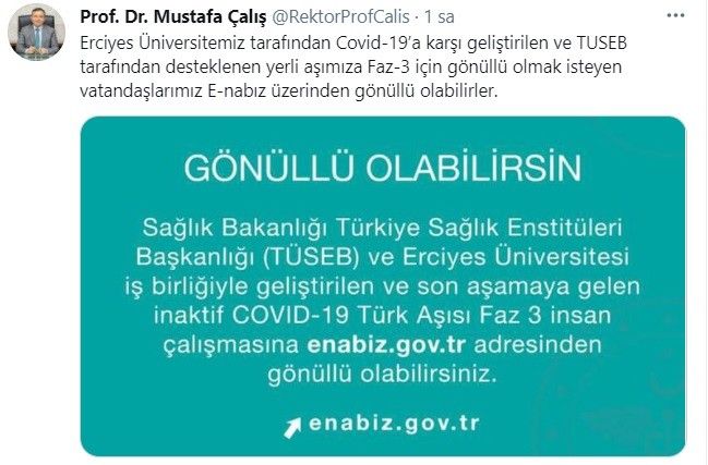 Prof. Dr. Çalış, "Vatandaşlarımız Covid-19 aşısı için E-nabız üzerinden gönüllü olabilirler"