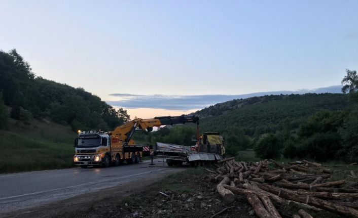 Tomruk yüklü tır devrildi, sürücü yaralandı
