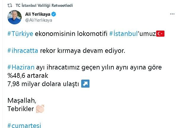 İstanbul Valisi Ali Yerlikaya: “Haziran ayı ihracatımız 7,98 milyar dolara ulaştı”