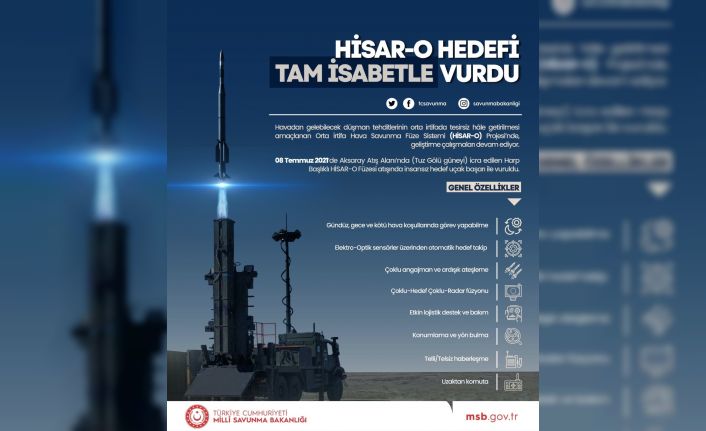 Milli Savunma Bakanlığı: "Orta İrtifa Hava Savunma Füze Sistemi (HİSAR-O) Aksaray Atış Alanı’nda icra edilen test atışında hedefi tam isabetle vurdu. "