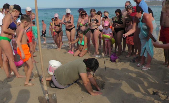 (ÖZEL) Kemer’de yeni caretta caretta yumurtlama alanı tespit edilip yuvalar koruma altına alındı