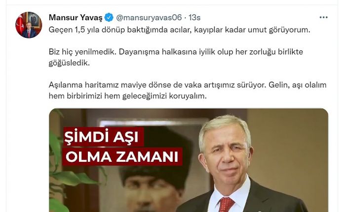 Ankara Büyükşehir Belediye Başkanı Yavaş’tan aşı çağrısı: “Aşı olmayı ihmal etmeyelim”
