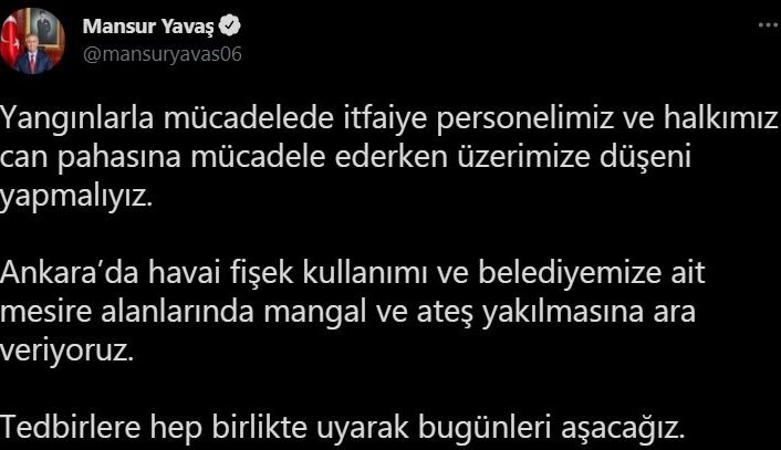 Ankara’da havai fişek kullanımı ve mesire alanlarında mangal yakılmasına ara verildi