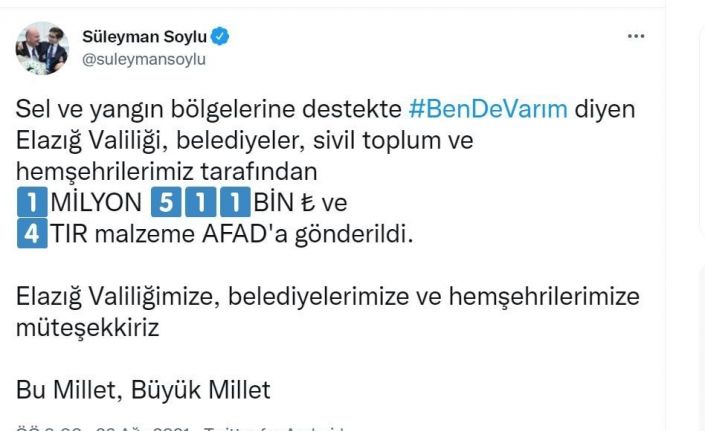 Elazığ’dan sel ve yangın bölgelerine 1 milyon 511 bin lira destek