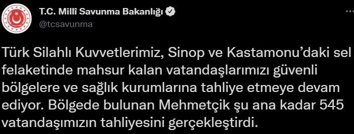 Mehmetçik, Sinop ve Kastamonu’daki sel felaketinde şu ana kadar 545 kişiyi kurtardı
