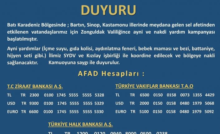 Zonguldak Valiliği sel afeti nedeniyle yardım kampanyası başlattı