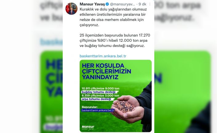 Ankara Büyükşehir Belediyesi’nden 17 bin 270 çiftçiye 12 bin ton buğday ve arpa tohumu