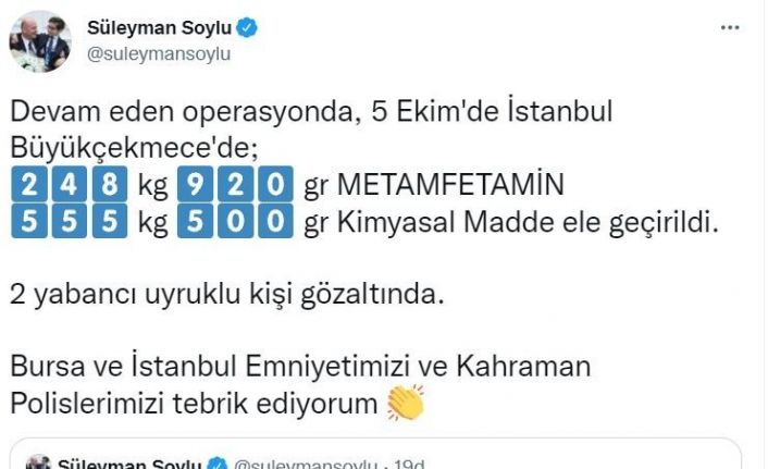 Bakan Soylu, iki farklı ilde yüklü miktarda uyuşturucu maddelerin ele geçirildiğini duyurdu
