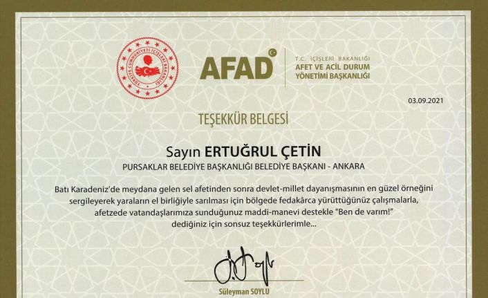 Bakan Süleyman Soylu’dan, Başkan Ertuğrul Çetin’e teşekkür belgesi