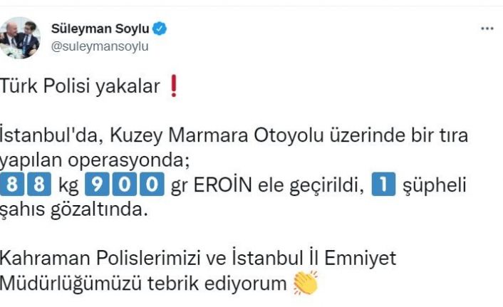 İçişleri Bakanı Soylu, İstanbul’da gerçekleştirilen bir operasyonda 88 kilogramı aşkın eroinin ele geçirildiğini duyurdu