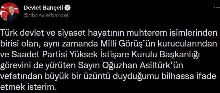 MHP lideri Bahçeli: “Milli Görüş’ün kurucularından Oğuzhan Asiltürk’e Allah’tan rahmetler niyaz ediyorum”