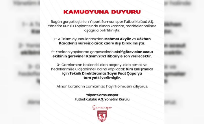 Samsunspor’da Mehmet Akyüz ve Gökhan Karadeniz süresiz kadro dışı bırakıldı!