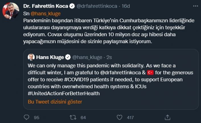 Bakan Koca: "Türkiye Covax oluşumu üzerinden 10 milyon doz aşı hibesi yapacak"