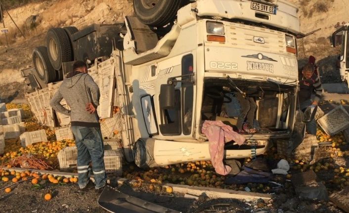 Kamyon otomobile çarptı, tonlarca narenciye yola savruldu