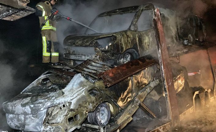 Sıfır Fiat marka araçlar alev alev yandı, sürücü fenalık geçirdi