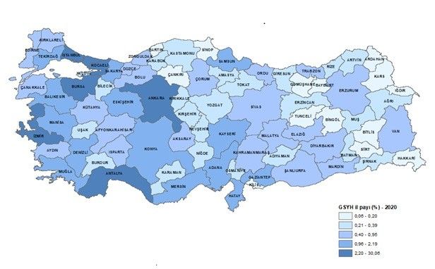 2020 yılında gayri safi yurtiçi hasılası en düşük il Bayburt oldu