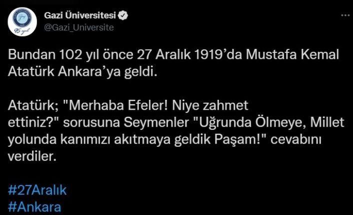 Ankara’daki üniversiteler sosyal medyada birbirini etiketleyerek Atatürk’ün Ankara’ya gelişini kutladı