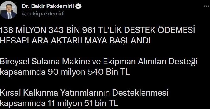 Bakan Pakdemirli: “138 milyon 343 bin liralık destek ödemesi hesaplara aktarılmaya başlandı”