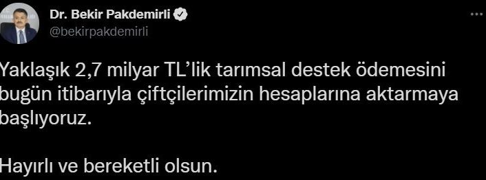 Bakan Pakdemirli: “2,7 milyar liralık tarımsal destek ödemesini çiftçilerimizin hesaplarına aktarmaya başlıyoruz”