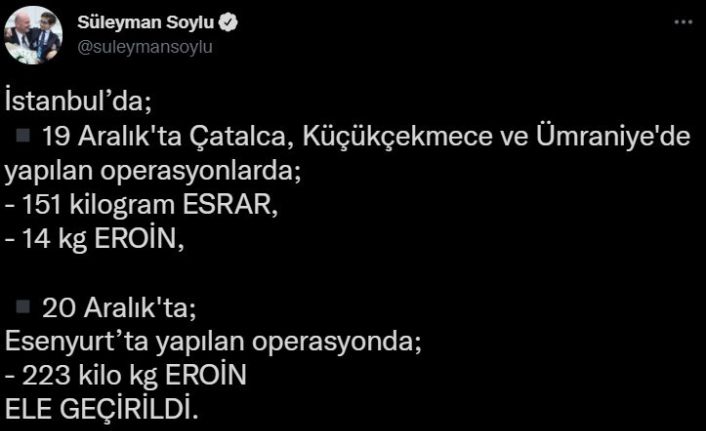 Bakan Soylu: “İstanbul’da 151 kilogram esrar ve 237 kilogram eroin yakalayan kahraman polislerimizi tebrik ediyorum”
