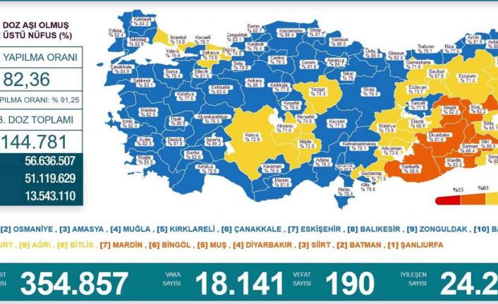 En çok aşılama yapılan ilk 10 il arasında Karadeniz’den 4 il bulunuyor