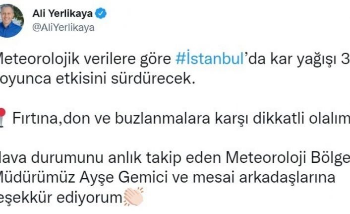 İstanbul Valisi Ali Yerlikaya sosyal medya hesabından kar yağışı ile ilgili paylaşım yaptı