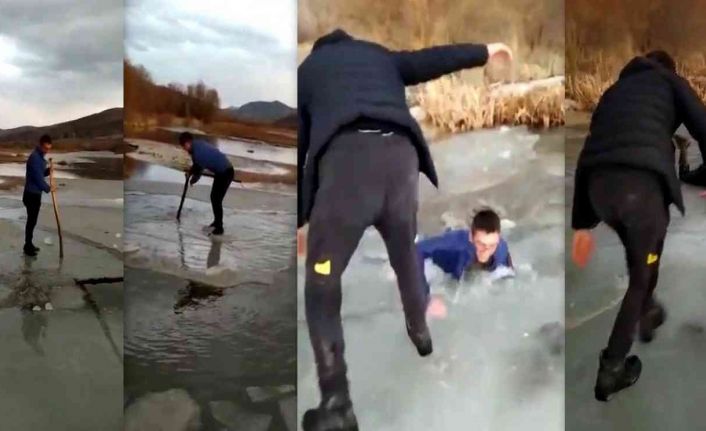Nehirde buz kütlesini sal olarak kullanan gençlerden suya düşen boğulma tehlikesi atlattı