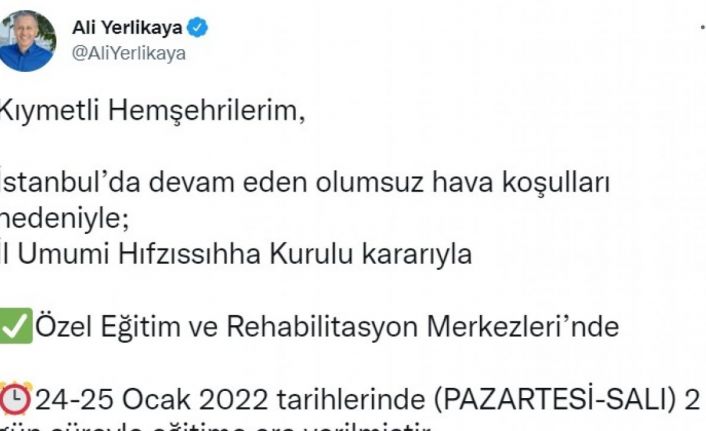 Özel eğitim ve rehabilitasyon merkezlerinde 2 gün eğitime ara verildi