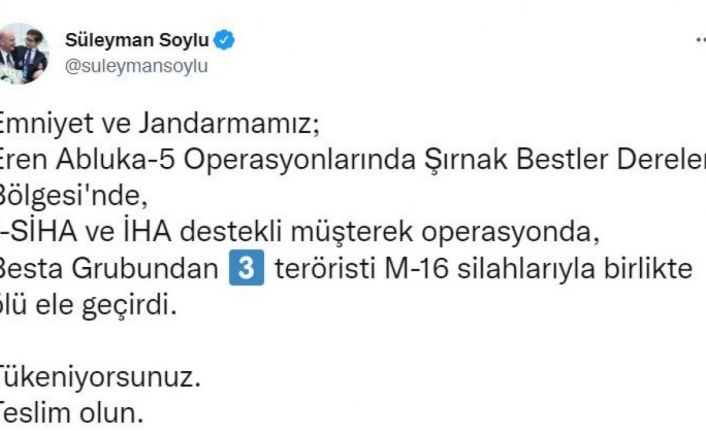 Bakan Soylu duyurdu: “Besta Grubundan 3 terörist silahlarıyla birlikte ölü ele geçirildi”