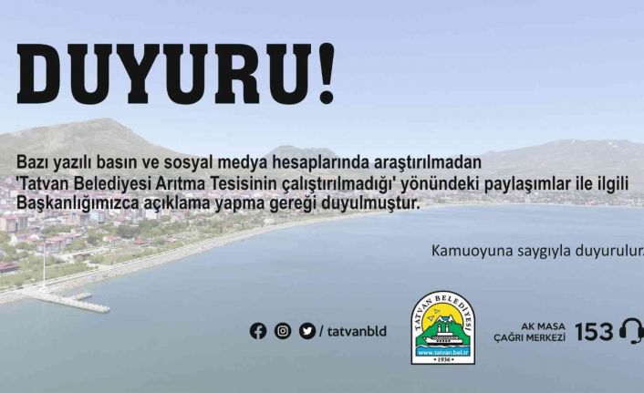 Tatvan Belediyesinden ‘arıtma tesisinin çalıştırılmadığı’ yönündeki iddialara ilişkin açıklama
