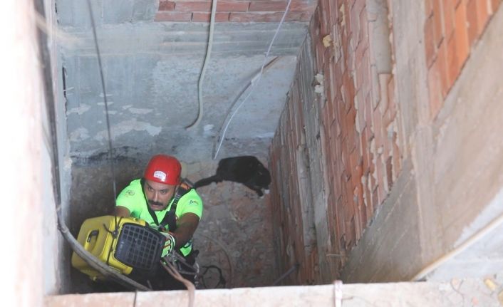 15 metrelik apartman boşluğuna düşen kediyi kurtarma operasyonu
