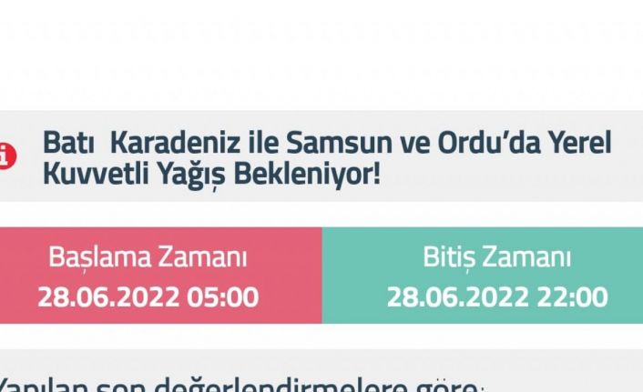 Batı Karadeniz ile Samsun ve Ordu için kuvvetli sağanak uyarısı
