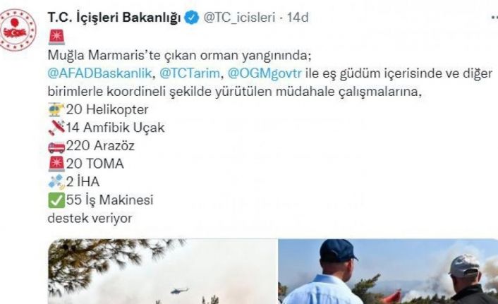 İçişleri Bakanlığı: “Marmaris’teki yangına 20 helikopter, 14 amfibik uçak, 220 arazöz ve 2 İHA destek veriyor”