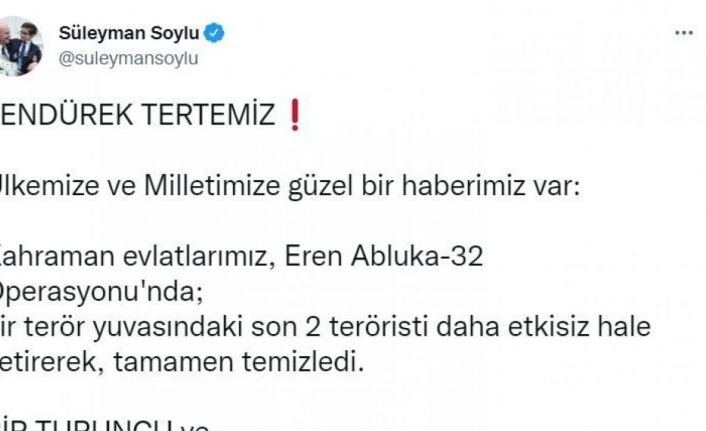Bakan Soylu: “Bir turuncu ve bir gri terörist daha sarı torbada”