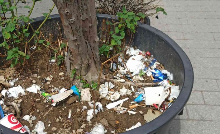 Duyarsız vatandaşlar bitki saksısını çöplük yaptı