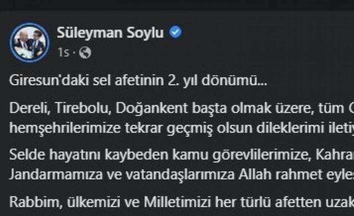 İçişleri Bakanı Süleyman Soylu: “Rabbim, ülkemizi ve milletimizi her türlü afetten uzak eylesin”