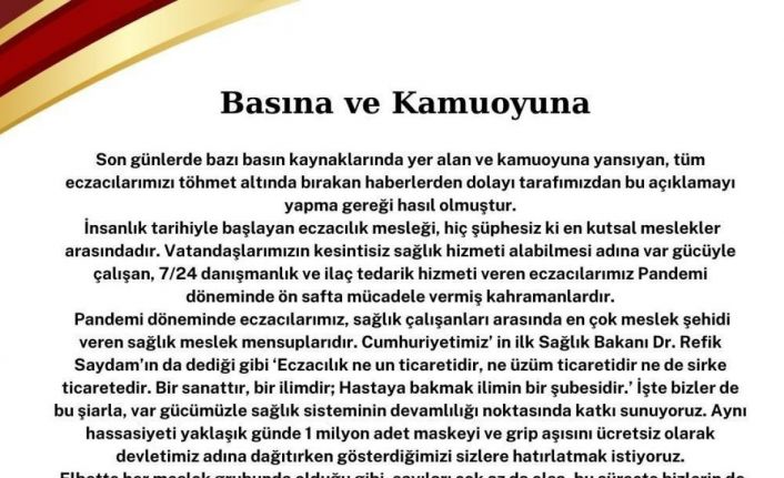 Kayseri Eczacı Odası: “Operasyonun eczacı camiasına mal edilmesini kabul etmiyoruz”