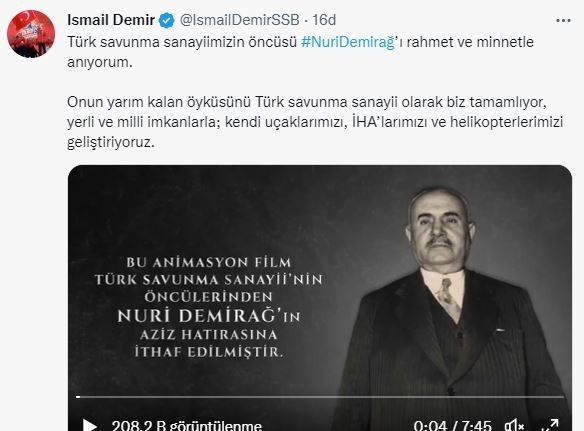SSB Başkanı Demir’den ‘Nuri Demirağ’ paylaşımı