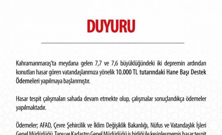 AFAD, konutları hasar gören depremzedelere 10 bin lira destek ödemesi başlatıldığını duyurdu