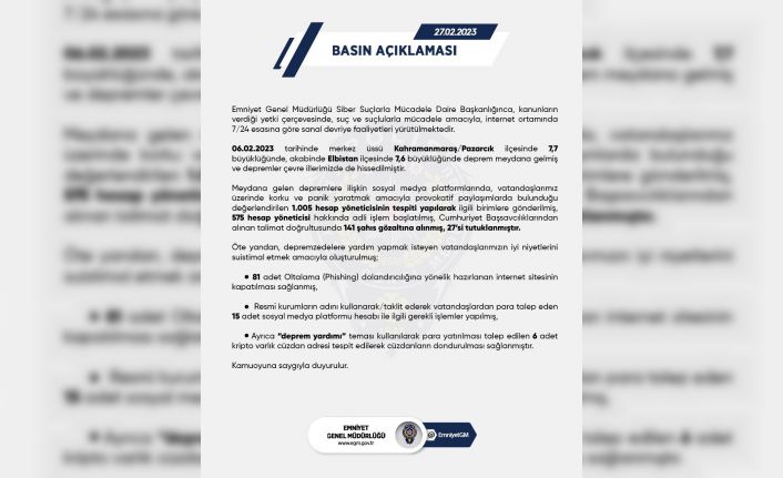 EGM: “Sosyal medya platformlarında depreme ilişkin provokatif paylaşımlarda bulunan 27 kişi tutuklandı”