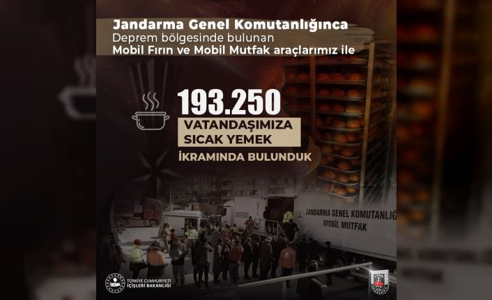Jandarma Genel Komutanlığı, deprem bölgesinde 193 bin 250 vatandaşa sıcak yemek ikramında bulundu