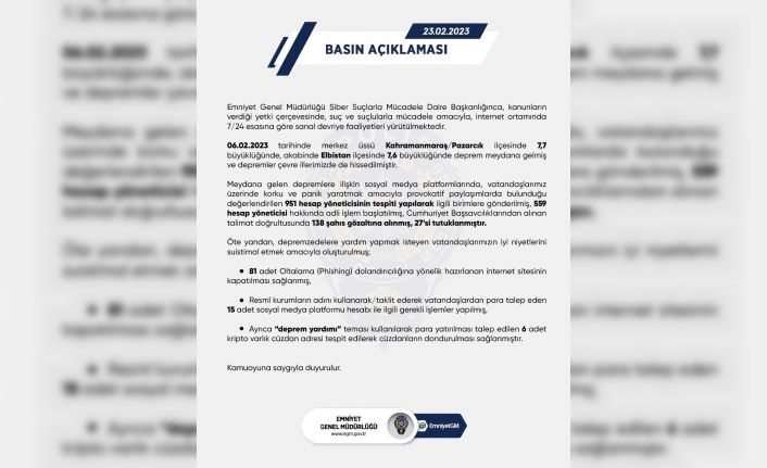 Sosyal medya platformlarında depreme ilişkin provokatif paylaşımlarda bulunan 27 kişi tutuklandı