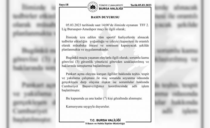Bursa Valiliğinden Bursaspor-Amedspor açıklaması: "3 güvenlik yöneticisi görevden uzaklaştırıldı, 7 kişi gözaltına alındı"