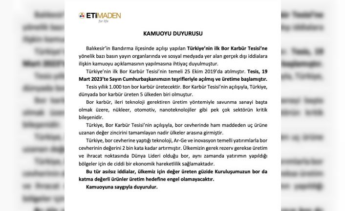Eti Maden: “Bor Karbür Tesisinde üretim yok iddiası doğru değildir”