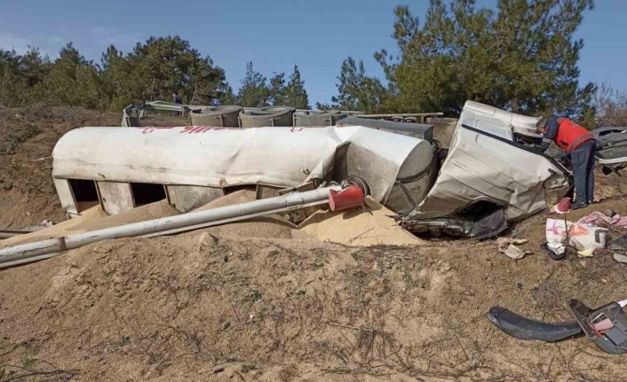 Kontrolden çıkan yem yüklü kamyon şarampole yuvarlandı
