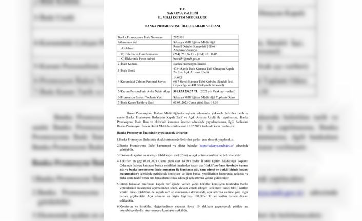 Sakarya İl Milli Eğitim, 14 bin personeli için banka promosyonu ihalesine çıkıyor