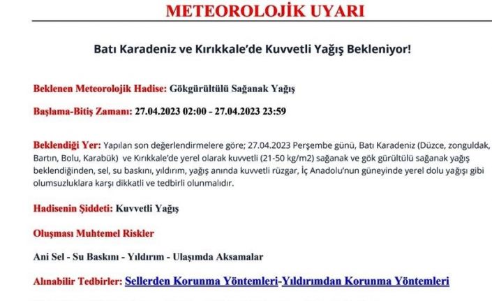 Meteoroloji’den Zonguldak için uyarı