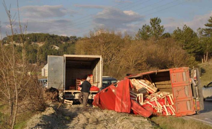 Tır ile çarpışan kamyon devrildi, havuçlar yola saçıldı